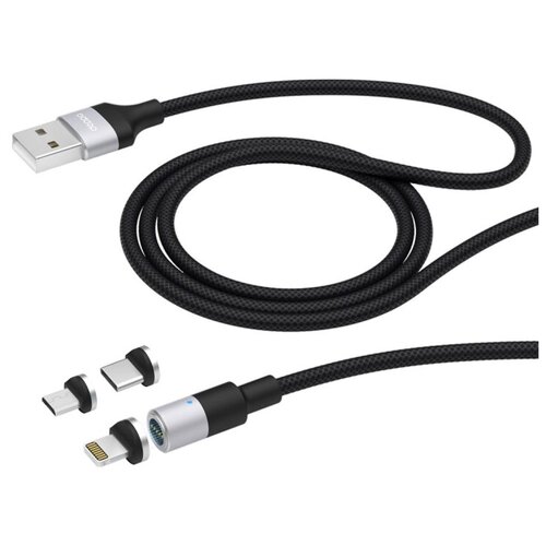 Дата-кабель USB 3 в 1: micro USB, USB-C, Ligthning, 2.4A, магнитный, ткань, черный, Deppa (72282)