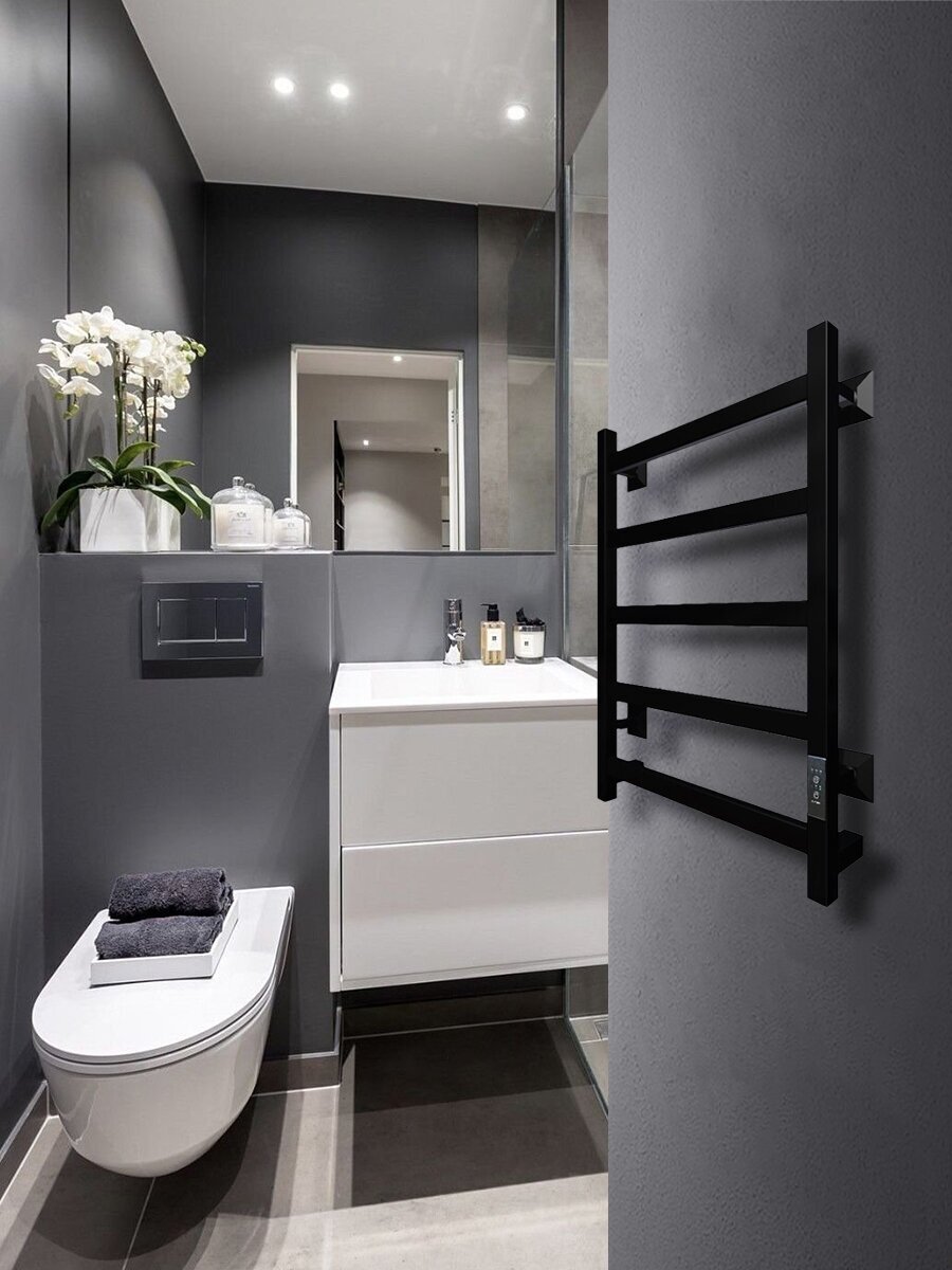 Полотенцесушитель электрический Тругор 400мм 600мм чёрный квадратный форма лесенка универсальное подключение