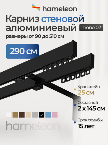 Изображение товара Карниз для штор хамелеон моно 02, двухрядный, настенный, чёрный глянец, 290 см, алюминиевый, кронштейны 25 см