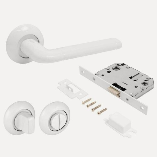 Изображение товара Комплект дверных ручек Аллюр поло для сантехнической двери, матовый белый, с замком, на круглой розетке, 35-40 мм