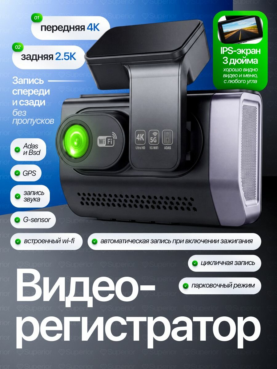 Видеорегистратор Superior TwinGuard 4K GPS, 2 камеры, регистратор автомобильный