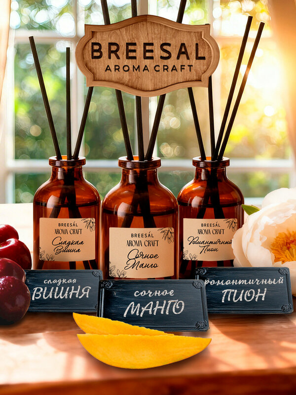 Breesal диффузор для дома с палочками Aroma Craft Романтичный пион, Сладкая вишня, Сочное манго