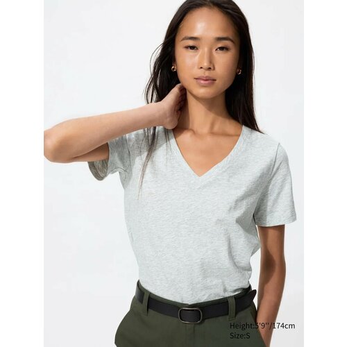 фото Футболка uniqlo slub cotton v-neck t-shirt, 1 шт., размер l, светло-серый