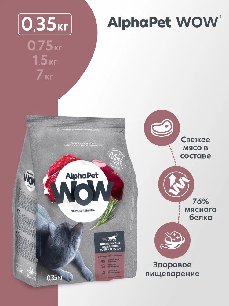 Сухой корм для взрослых кошек AlphaPet WOW Superpremium с говядиной и печенью, 0,35 кг