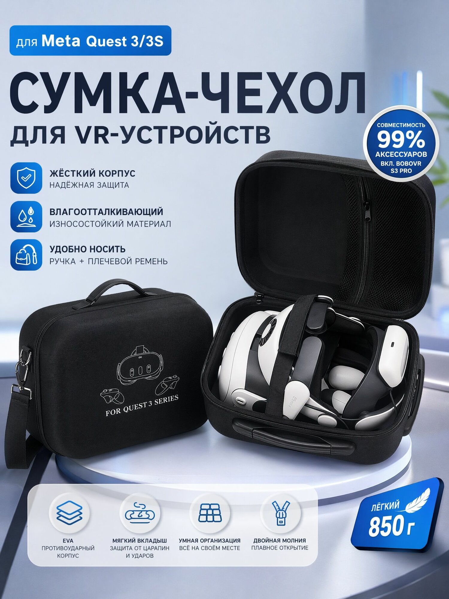 Чехол для Oculus Quest 3/3S черное: защита VR-гарнитуры и контроллеров, размер 300 * 238 * 167мм, для дома, путешествий и хранения