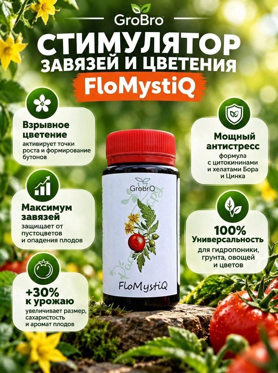 Стимулятор плодообразования GroBro FloMystiQ (Фломистик) Завязи, 100 мл / Натуральный активатор цветения и завязывания плодов для овощей, ягод и цветов