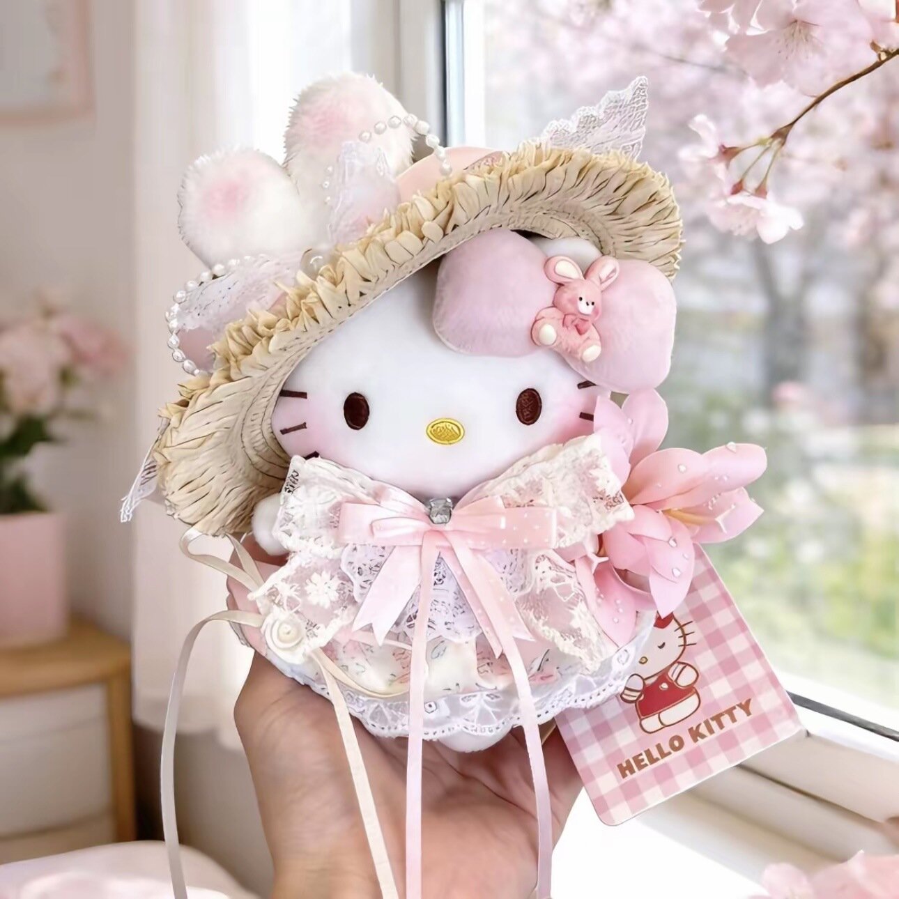 Hello Kitty Плюшевый Брелок-Подвеска Дизайн Цветочного Кролика Темно-Синий 10 см Подарок Девочкам