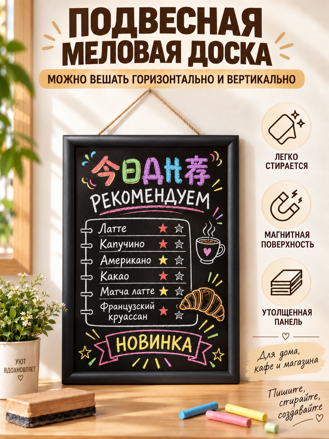 Меловая доска подвесная в деревянной раме, магнитная поверхность, для кафе, магазина и дома, легко стирается