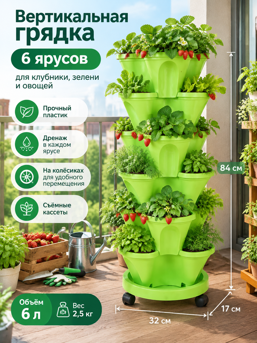 Вертикальная грядка 6 ярусов для клубники, зелени и овощей, пластик, 6 л, зелёный, на колёсах