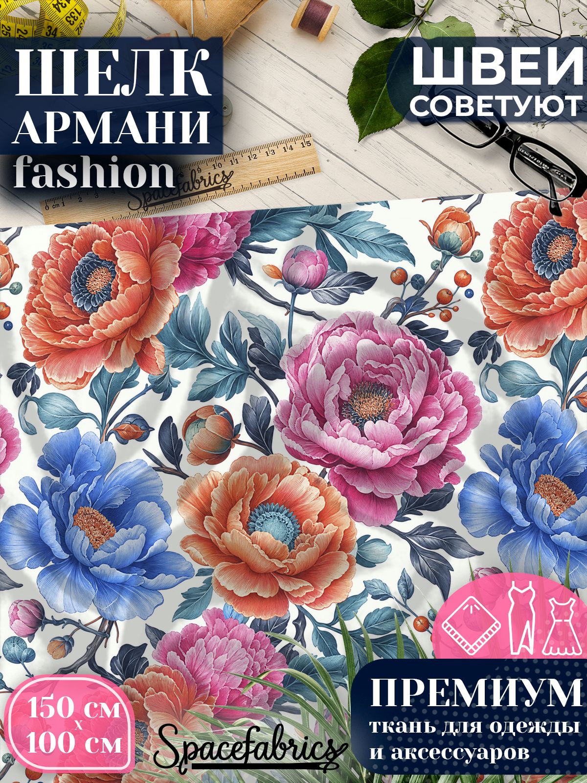 Ткань для шитья шелк Армани, искусственный атлас шелк для костюмов, платьев, юбок с принтом Пионы