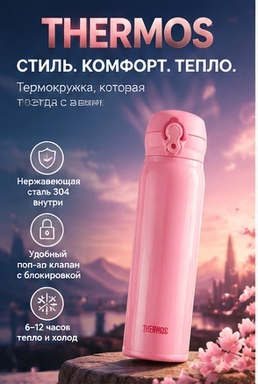 Портативный термостакан 500 мл из стали с прямым корпусом и крышкой поп-ап сакура розовый для дома и улицы
