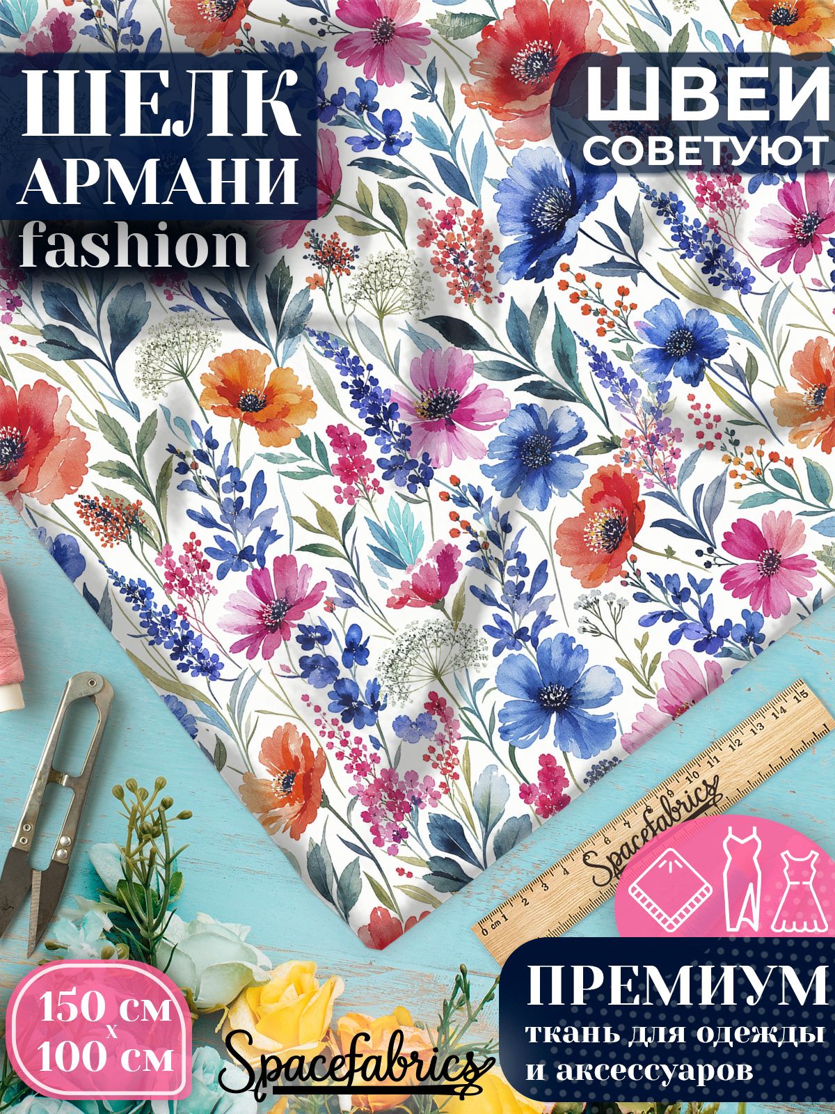 Ткань для шитья шелк Армани, искусственный шелк для костюмов, платьев, юбок с принтом Луговые цветы