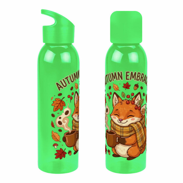 Бутылка для воды «Autumn Embrace Fox: Лиса с кофе в клетчатом шарфе» (зеленое яблоко)
