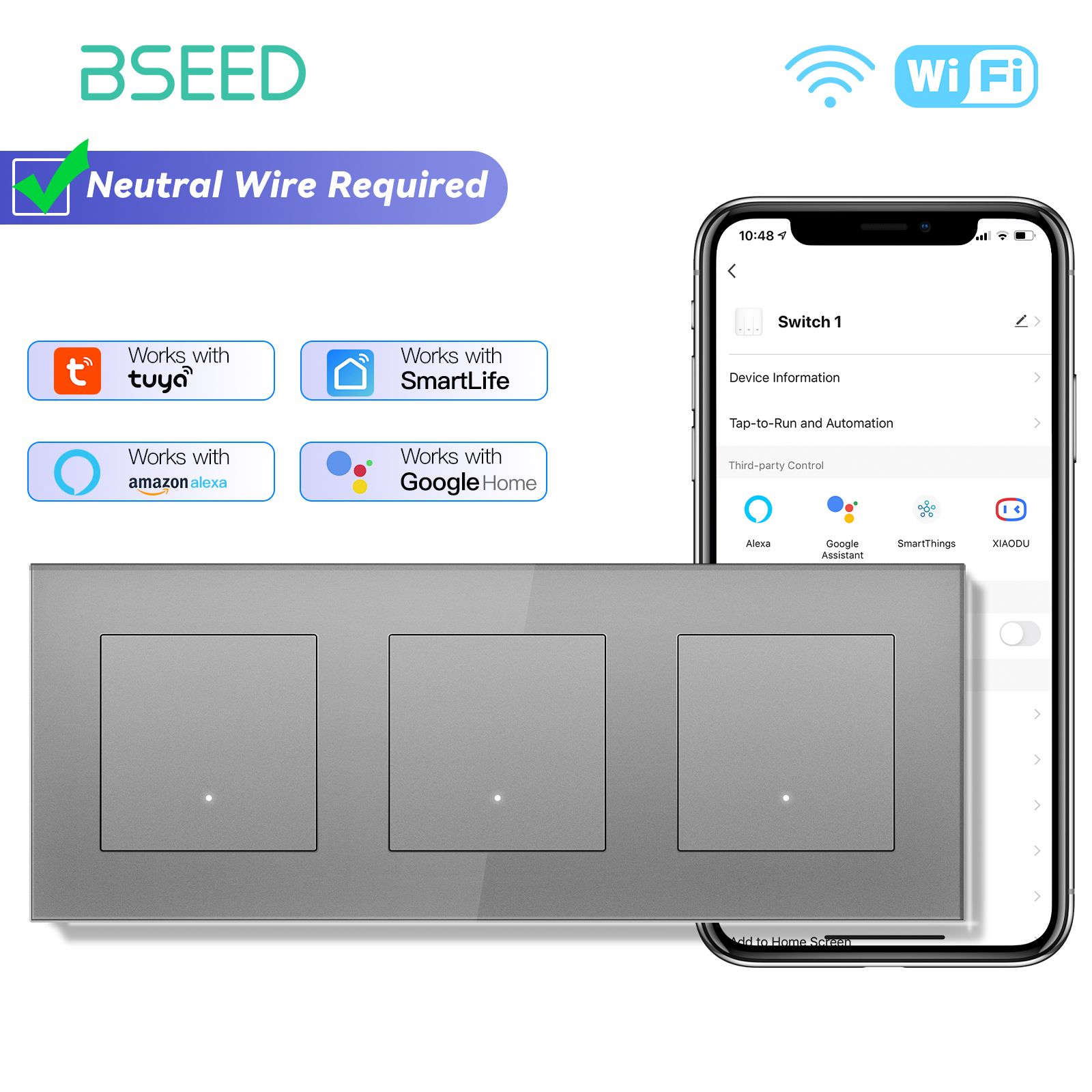 Умный сенсорный Wi-Fi выключатель E-series Click с Алисой 3 клавиши (1+1+1 поста) стеклянная панель 228 мм