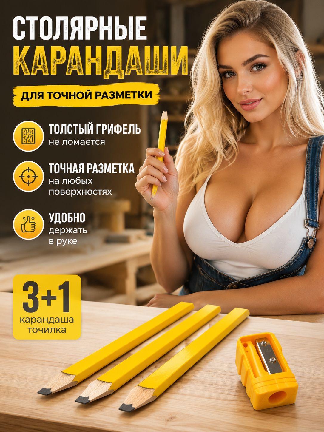 Карандаш Строительный Разметочный Столярный с Точилкой, Ударопрочный Грифель для Плотницких Работ (Набор 3 шт)
