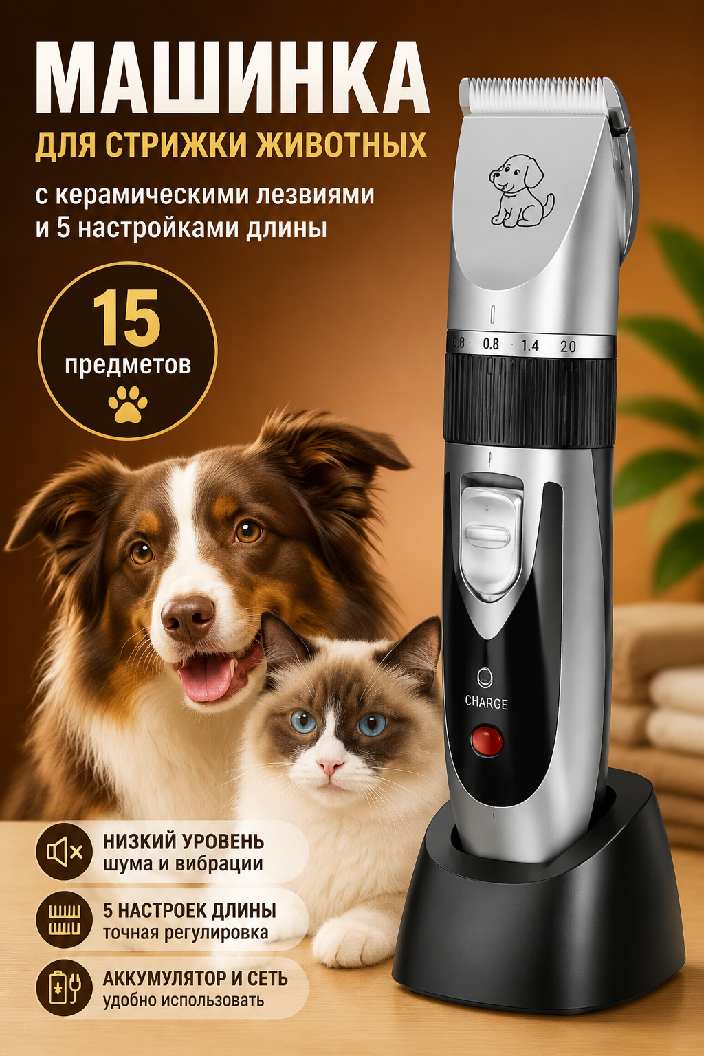 Машинка для стрижки животных с керамическими лезвиями и 5 настройками длины, 15 предметов
