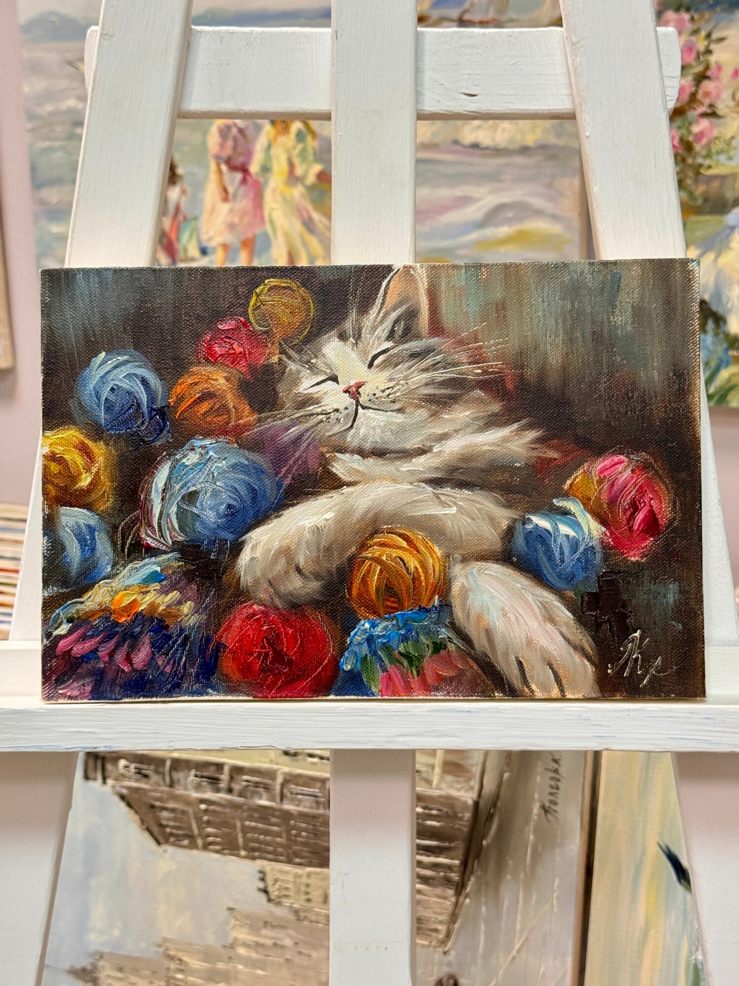 Картина маслом счастливый Кот, игра с нитками 20х30 см. Художественная мастерская Грёзы.