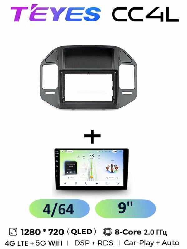 Магнитола Teyes CC4L 4/64 Gb для Mitsubishi Pajero 3 V70 V60 1999-2006 чёрная 9 дюймов, 8-ми ядерный процессор, QLED экран, 4G, Wi-Fi, CarPlay