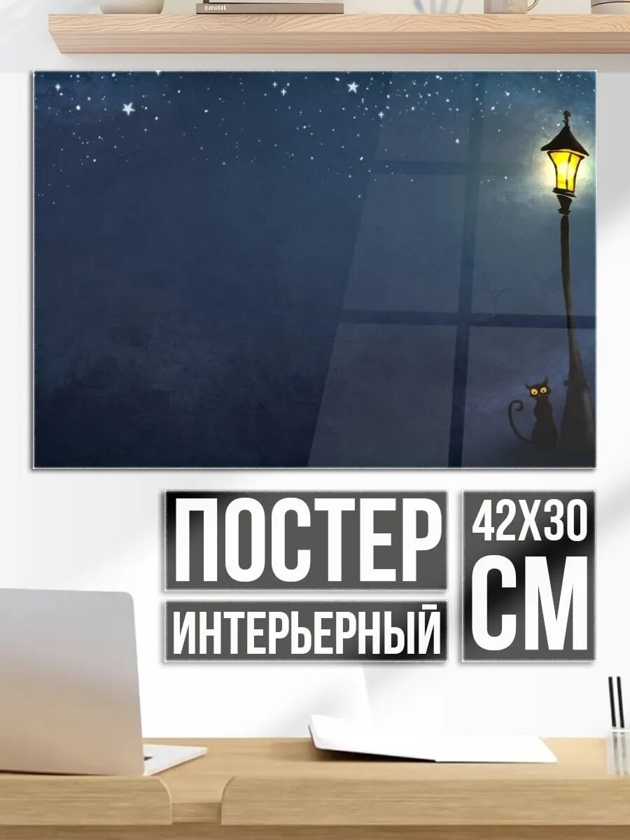 Плакат постер Ночной фонарь и кот