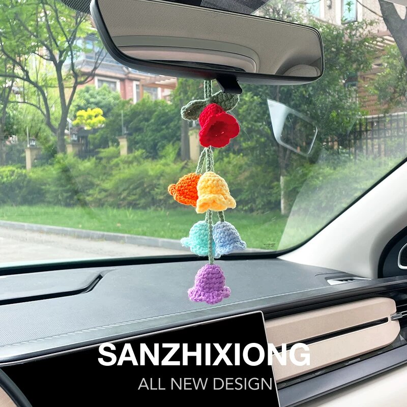 Ручная вязка цветка ландыша автомобильный подвесной декор для зеркала заднего вида, многоцветный, декоративный подвес,