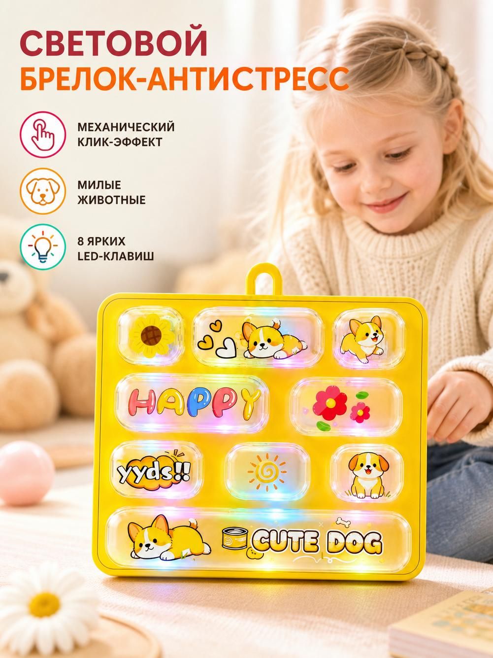 Игрушка-антистресс с 8 кнопками, светящаяся, розовая, 13 x 11 x 3 см
