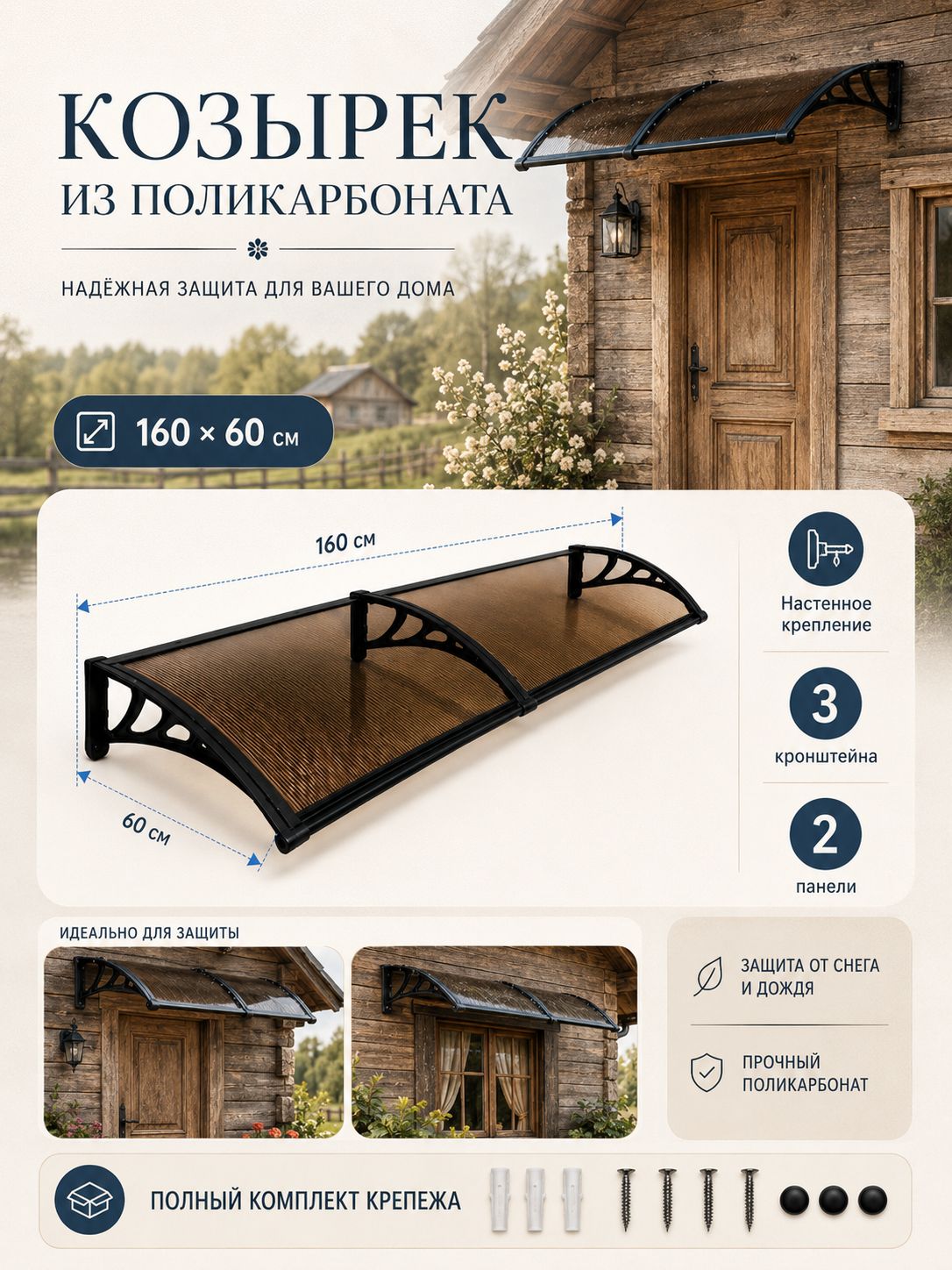 Навес-козырек над крыльцом усиленный, вынос 60 см, ширина 160/180/200/240/300 см, пластиковый, защита от осадков и снега
