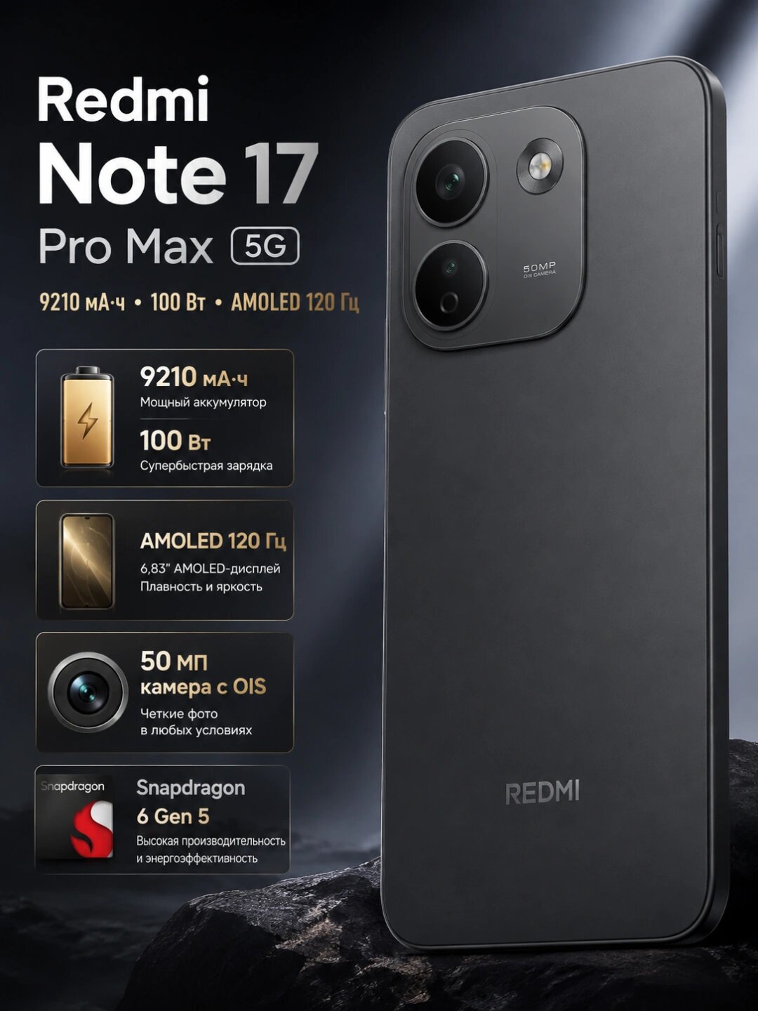 Смартфон Xiaomi Redmi note 17 Pro Max , 120 Гц AMOLED, 50МП камера - Черный,8/512ГБ
