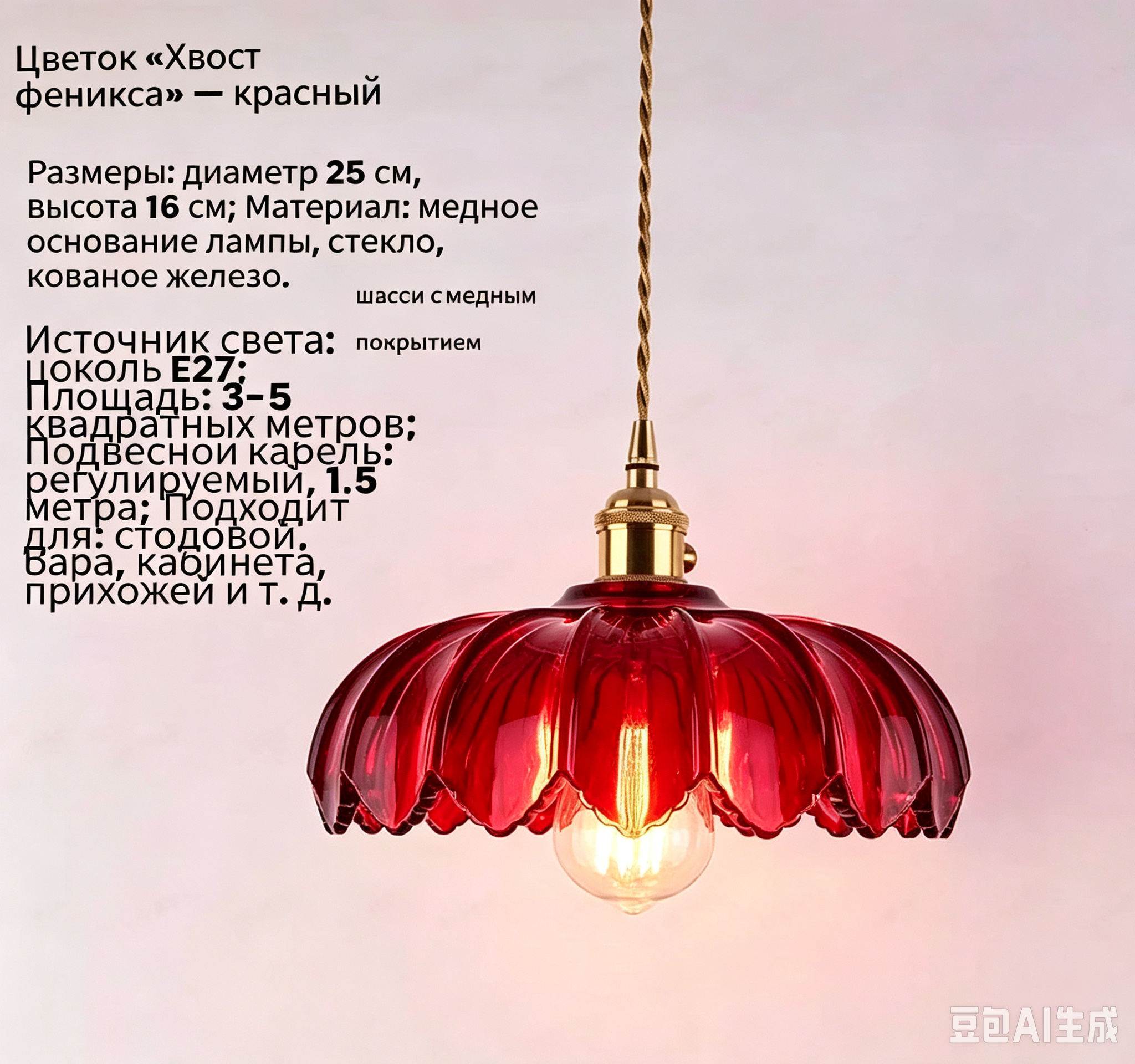 Красный люстра, диаметр 25 см, высота 16 см. Содержит электрическую лампочку
