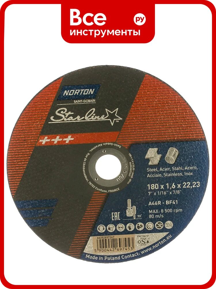 Круг отрезной по металлу NLS 41 (180x1.6x22.23 мм; 80 м/сек) Norton 66252837247
