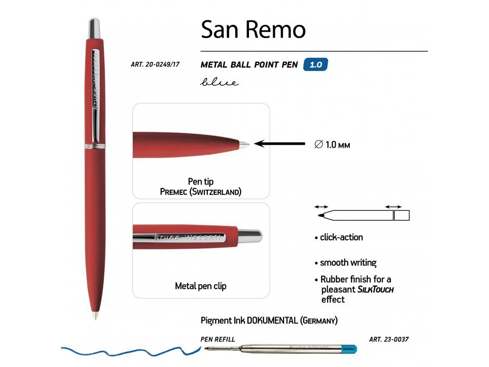 Ручка шариковая автоматическая San Remo, синяя, цвет корпуса красный, в футляре, 1 мм Bruno Visconti - фото №3