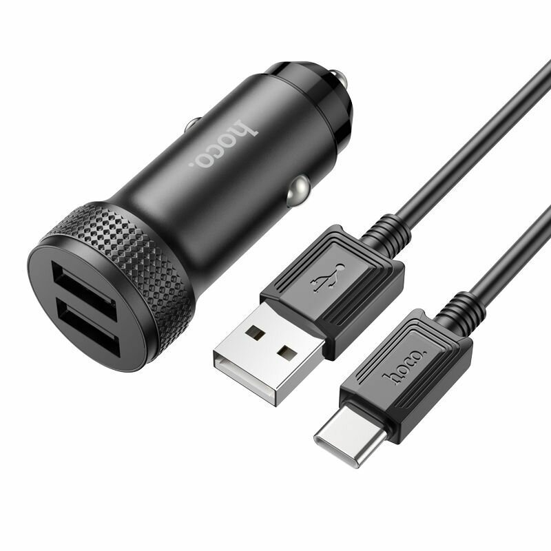 Зарядное устройство автомобильное 2*USB + кабель Type-C (5В,2400mA) HOCO Z49 Черный