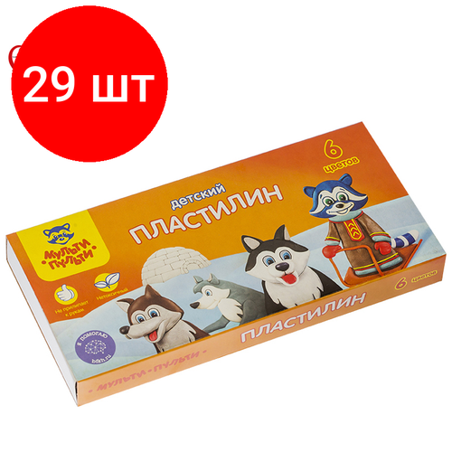 мульти пульти фиксики папус 29 см 168573 Комплект 29 шт, Пластилин Мульти-Пульти Енот на Аляске, 06 цветов, 90г, со стеком, картон