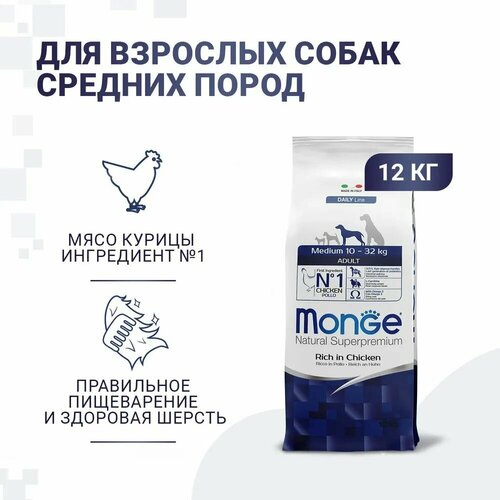 Monge Dog Medium сухой корм для взрослых собак средних пород - 12 кг для собак всех пород с курицей, рисом и картофелем 12 кг