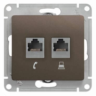 Розетка Schneider Electric Glossa, RJ11/RJ45+компьютеры, 2 поста, IP20, скрытая, коричневая