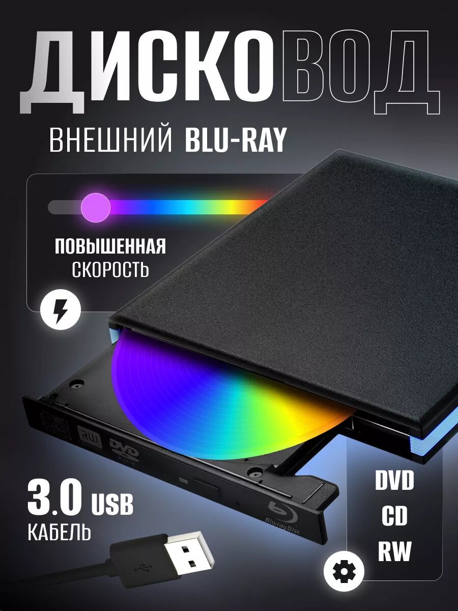 Внешний дисковод Blu-Ray-RW+DVD R/RW привод с интерфейсом USB 3.0/ для компьютера и ноутбука