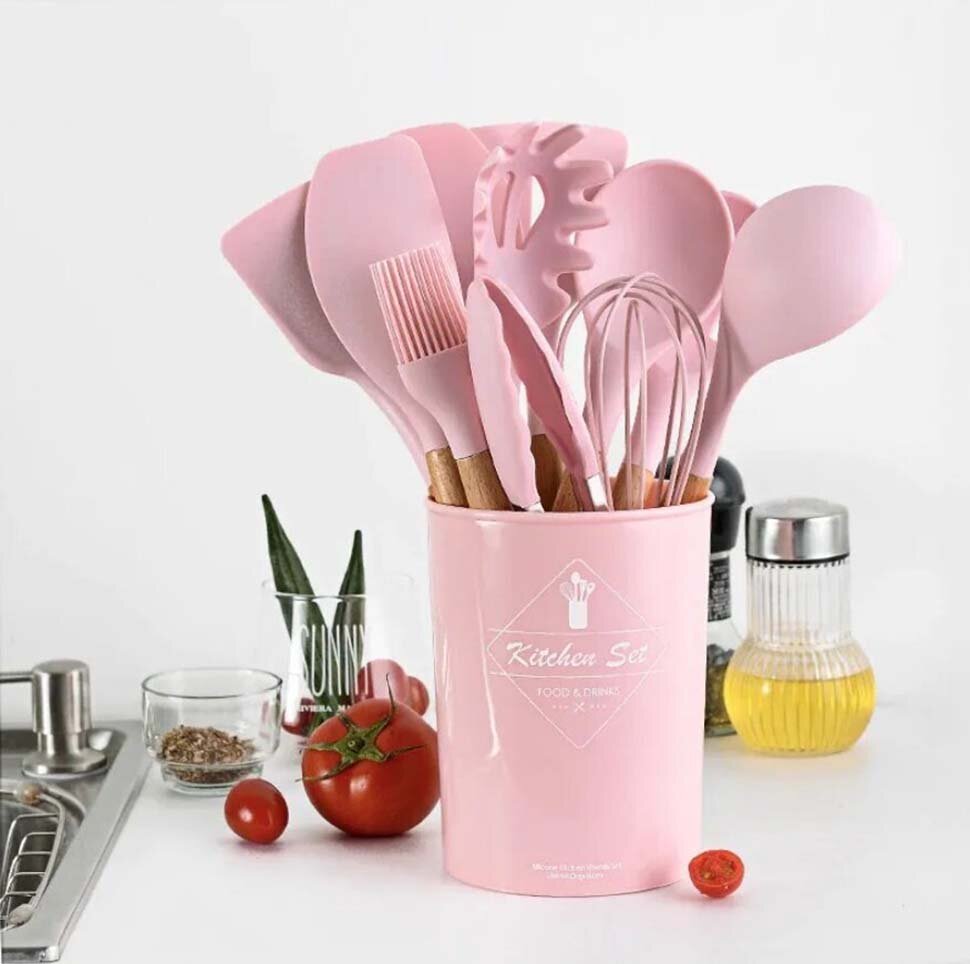 Набор кухонных принадлежностей Kitchen set из силикона и бамбука розовый