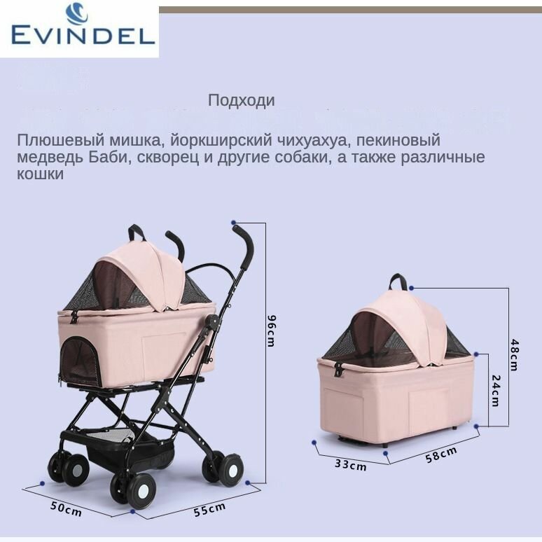 Коляска прогулочная для собак и кошек, evindel, для мелких и средних пород (до 20 кг), складной, съемный — фото 1