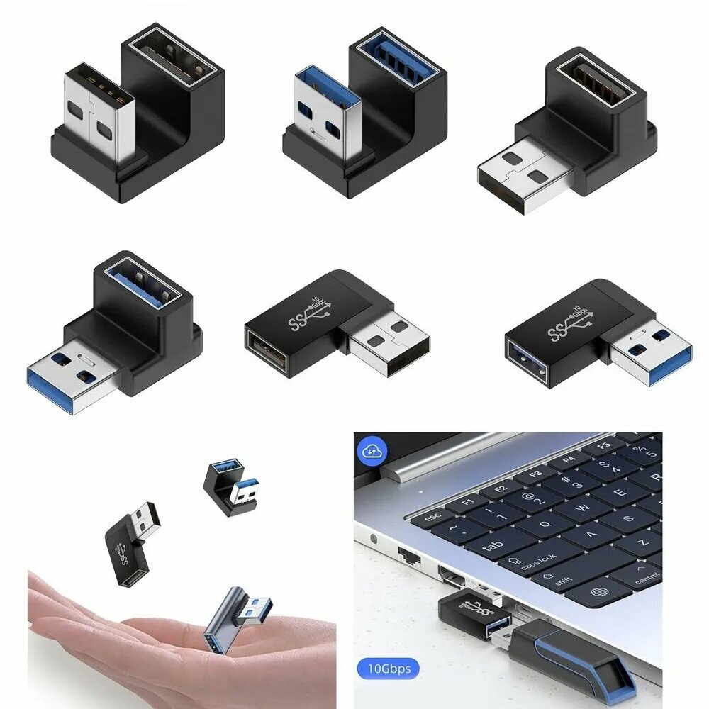 USB-концентратор, Угловой USB-удлинитель для смены направления порта, защиты разъёма и удобного подключения кабеля — фото 1