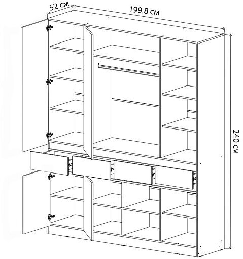 Шкаф МиФ Роджина 4-х створчатый дуб крафт / белый глянец 199.8x52x240 см - фотография № 3