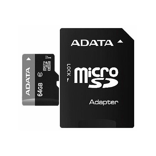 Карта памяти ADATA microSDHC 64 ГБ Class 10, R/W 16/10 МБ/с, адаптер на SD