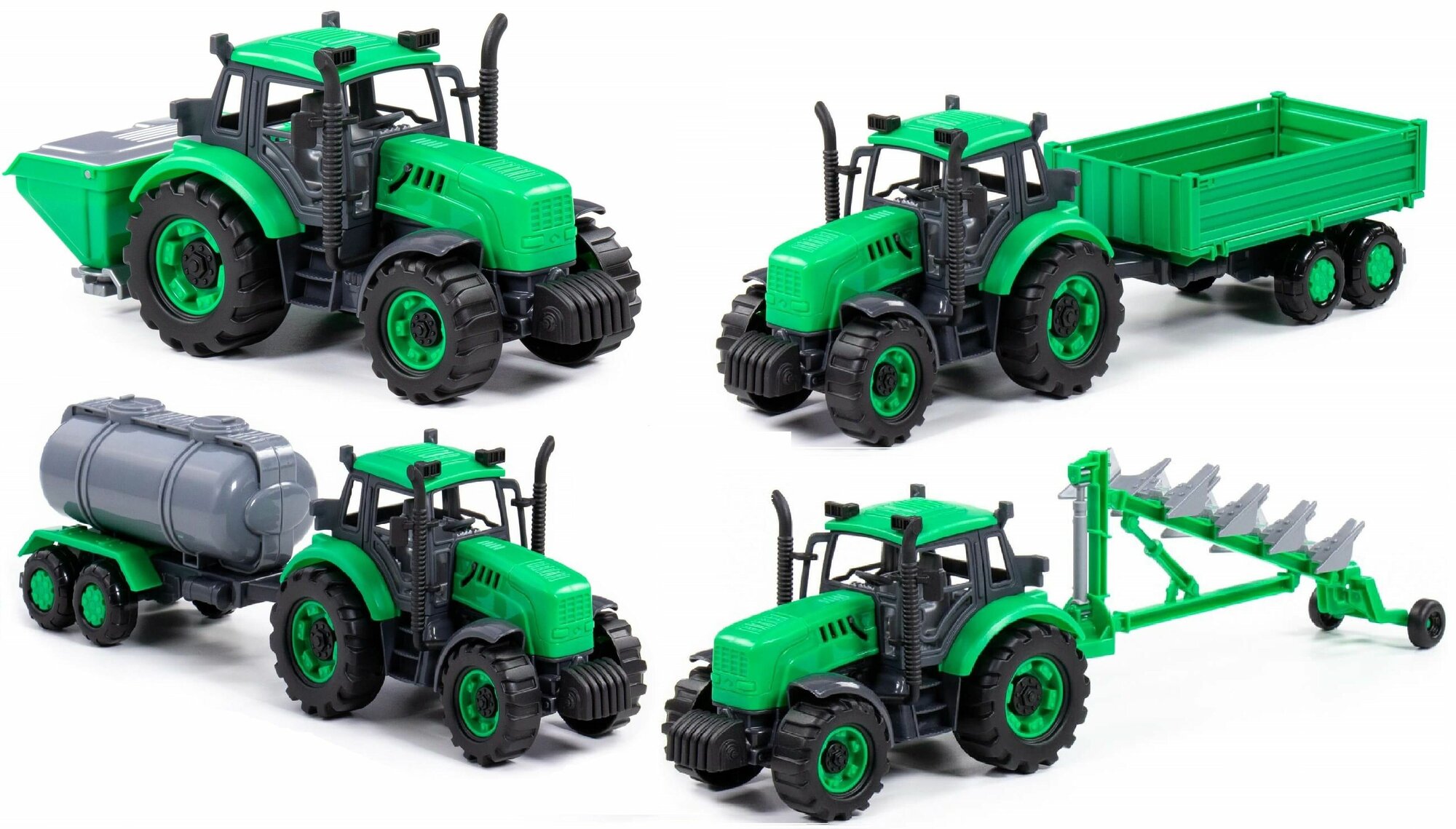 Игровой набор Сельхозтехника - 4 зеленых трактора (с плугом, с сеялкой, с прицепом, с бочкой)