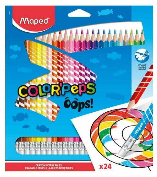 Цветные карандаши с ластиком, пластиковые, 24 цвета MAPED COLOR'PEPS OOPS картон футляр