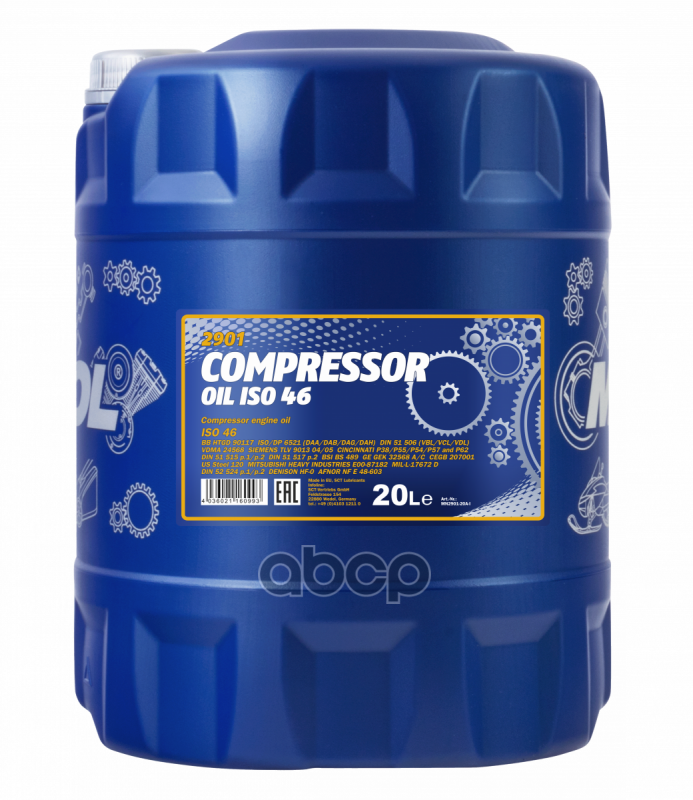 2901-20 Mannol Compressor Oil Iso 46 20 Л. Минеральное Масло Для Воздушных Компрессоров Din 51506 Vbl/ Vcl/ Vdl; Din Vdl 515.