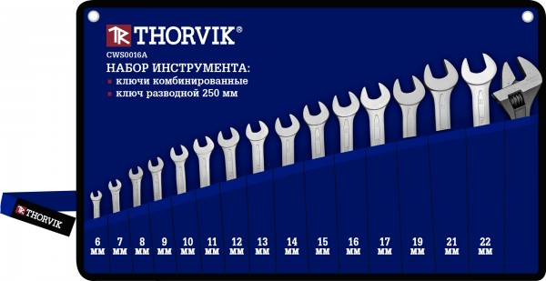 Набор ключей комбинированных Thorvik в сумке 6-22мм, ключ разводной 250мм CWS0016A 53705 - фото №1