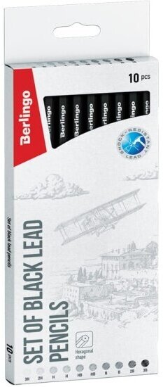 Набор карандашей Berlingo ч/г , 10шт, 3H-3B, заточен, картон. упак, европодвес