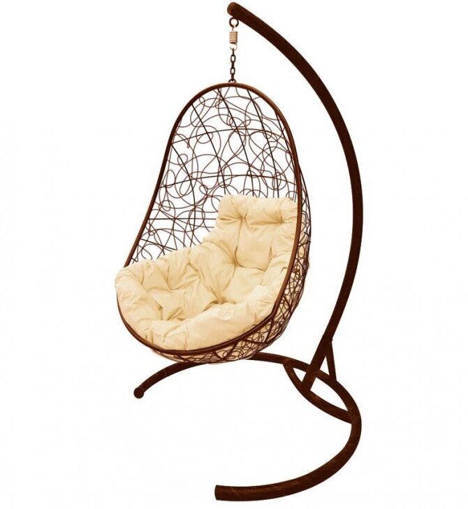 Подвесное кресло кокон M-group "Овал" с ротангом коричневое+бежевая подушка