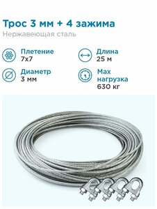 Гидротек <b>Трос</b> нержавеющая сталь 7x7 AISI 304, 3мм бухта 25 метров + зажим 3-4 мм 4шт. <b>Трос</b> из нержав