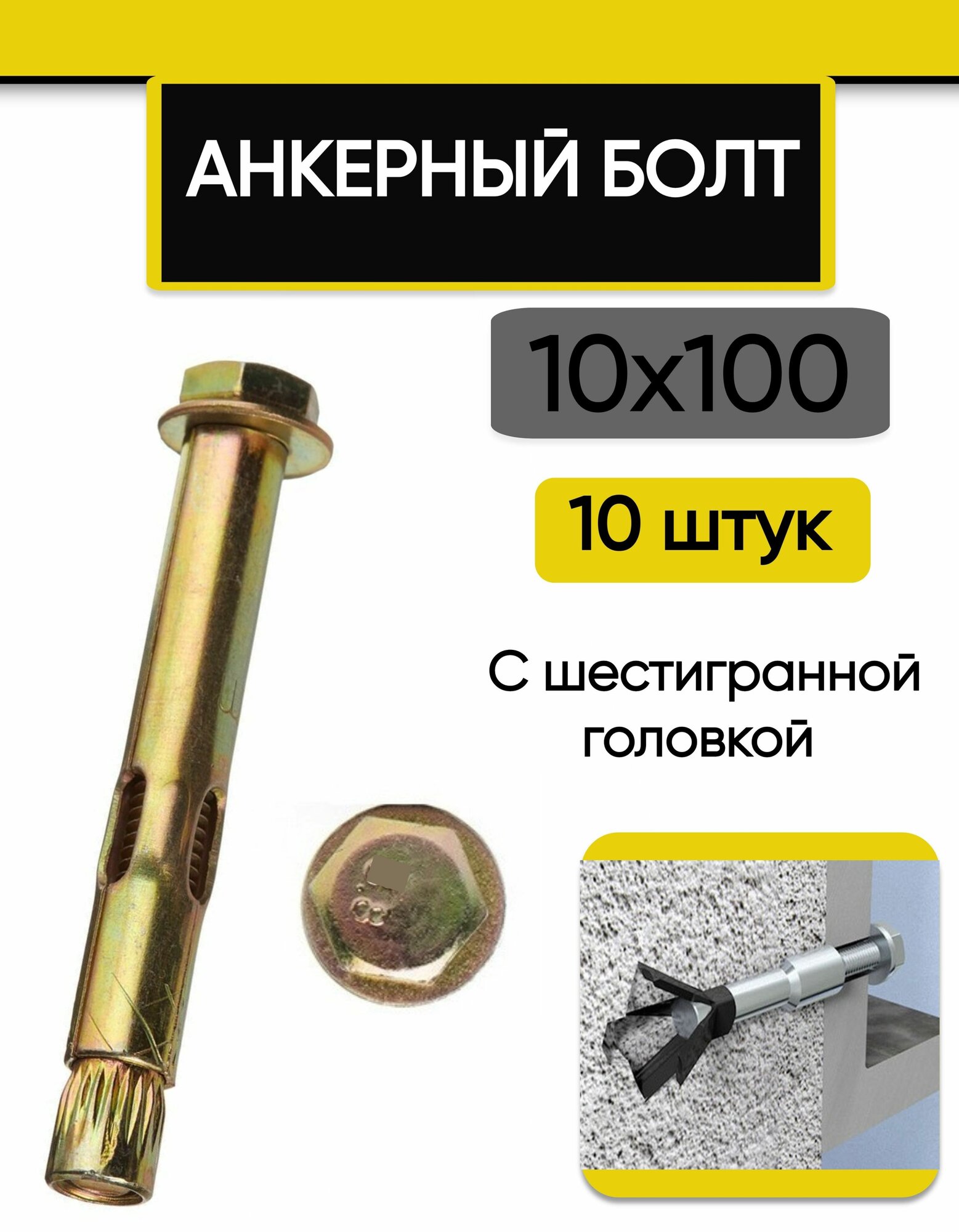 Анкерный болт 10 х 100 мм, с шестигранной головкой, 10 шт.