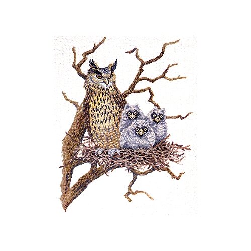 фото Набор для вышивания сова с совятами в гнезде, лён 26 ct eva rosenstand