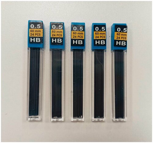 Комплект из 5 упаковок. Стержень (грифель) для механического карандаша, 0,5 мм, НВ - 24 шт